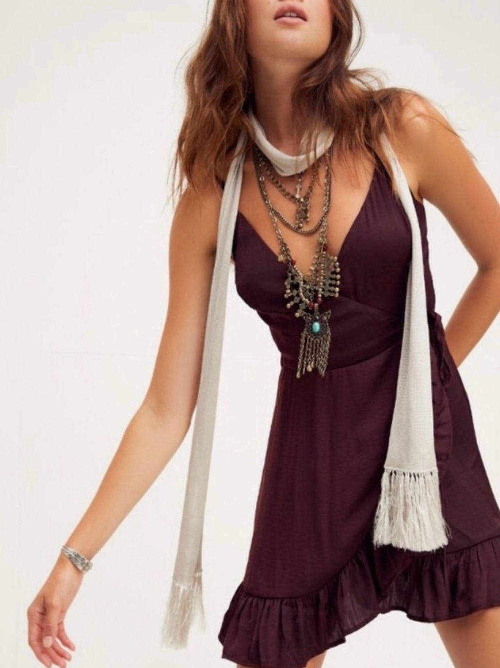 Free People Deep Plum Ruffled V-Neck Wrap Dress